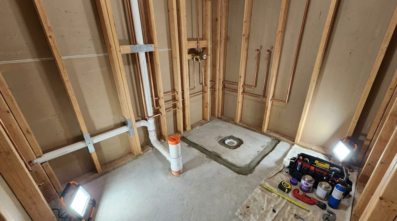 Bathroom rough-in plumbing during remodel by Johns Plumbing LLC in Vancleave
