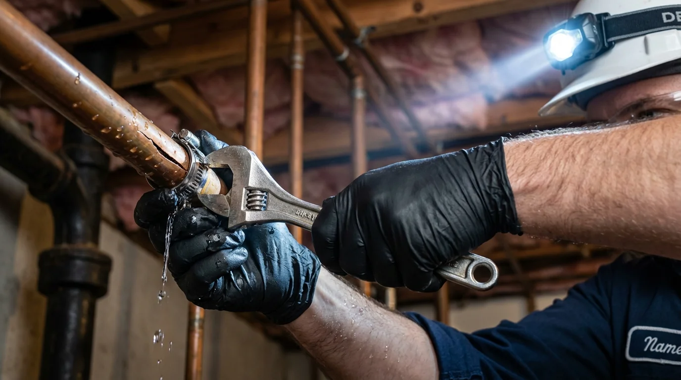 Emergency pipe clamp repair being performed by a Johns Plumbing LLC plumber in Vancleave