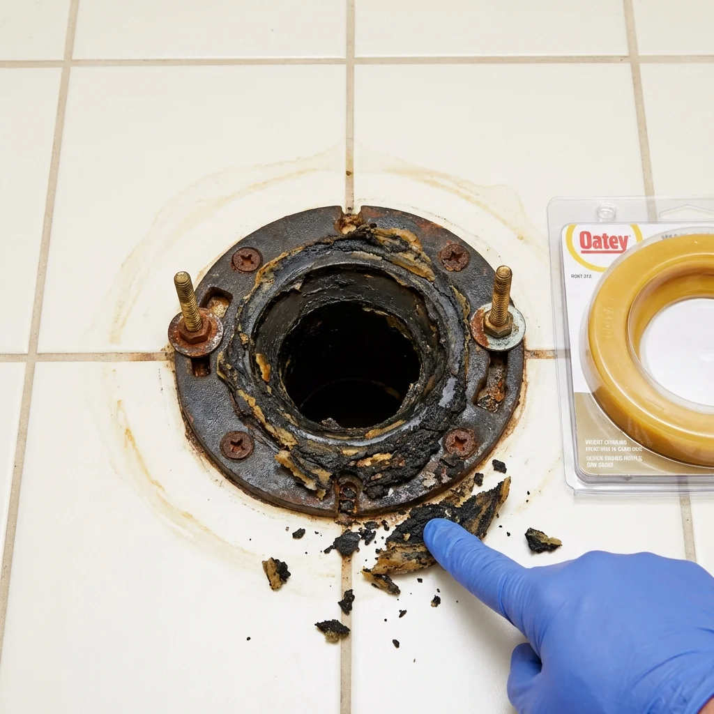 Failed wax ring showing water seepage at the base of a toilet in a Vancleave, MS home