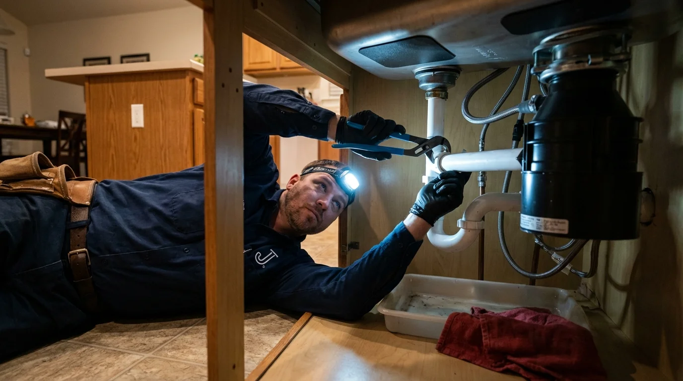 P-trap and supply line connections under a kitchen sink showing a common leak point in Vancleave, MS
